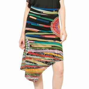 Desigual Black Multicolor Striped Asymmetrical Skirt with Mandala Patch